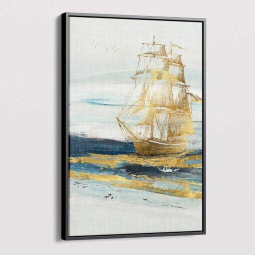 1 51 لوحة جدارية - سفينة فن تجريدي أزرق وذهبي